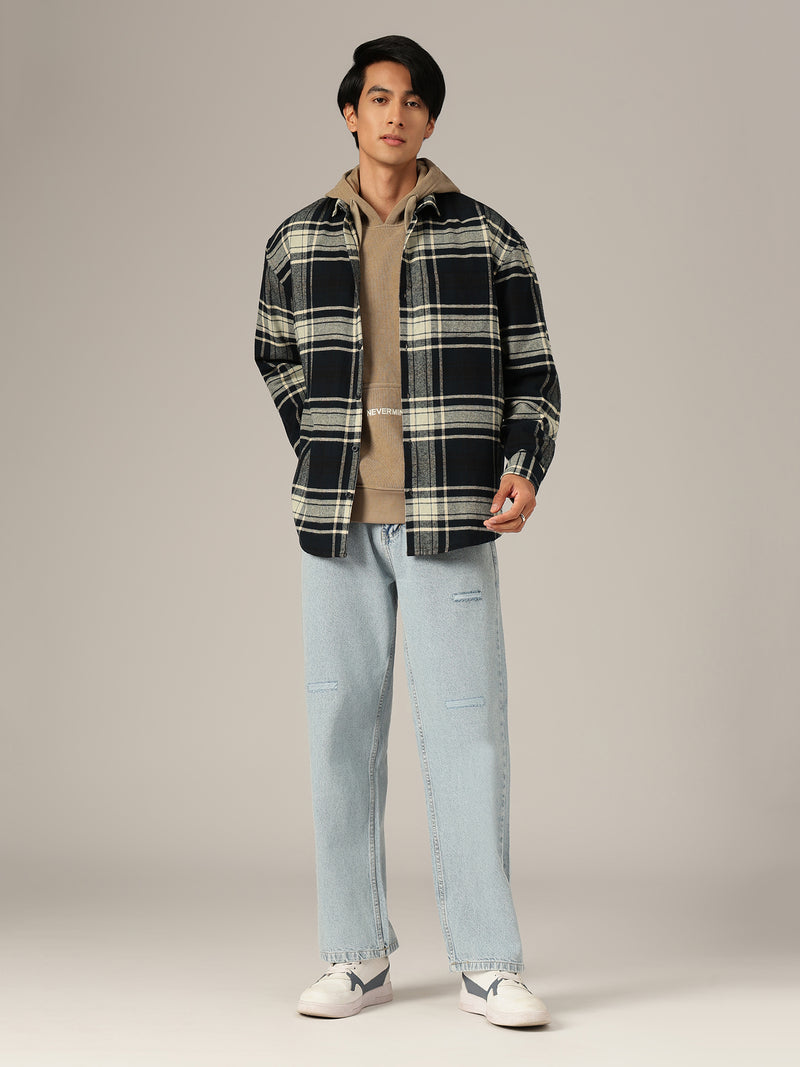 Blue & Cream: Checkered Drop-Shoulder Oversized Casual Shirt