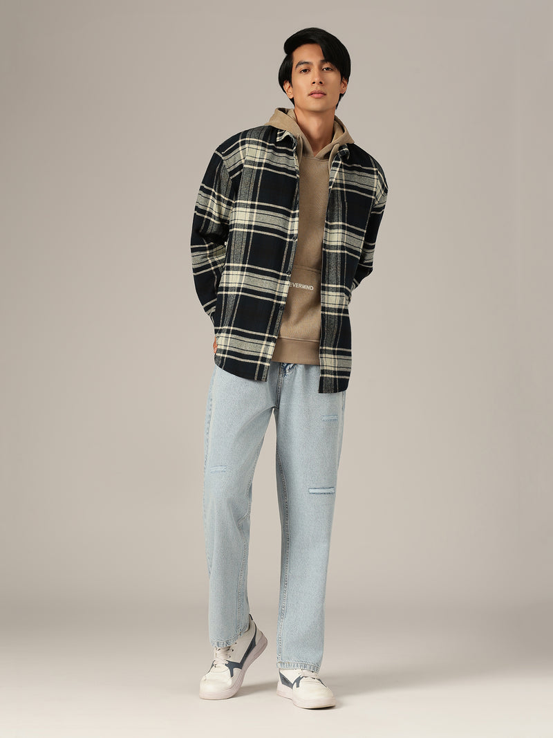 Blue & Cream: Checkered Drop-Shoulder Oversized Casual Shirt