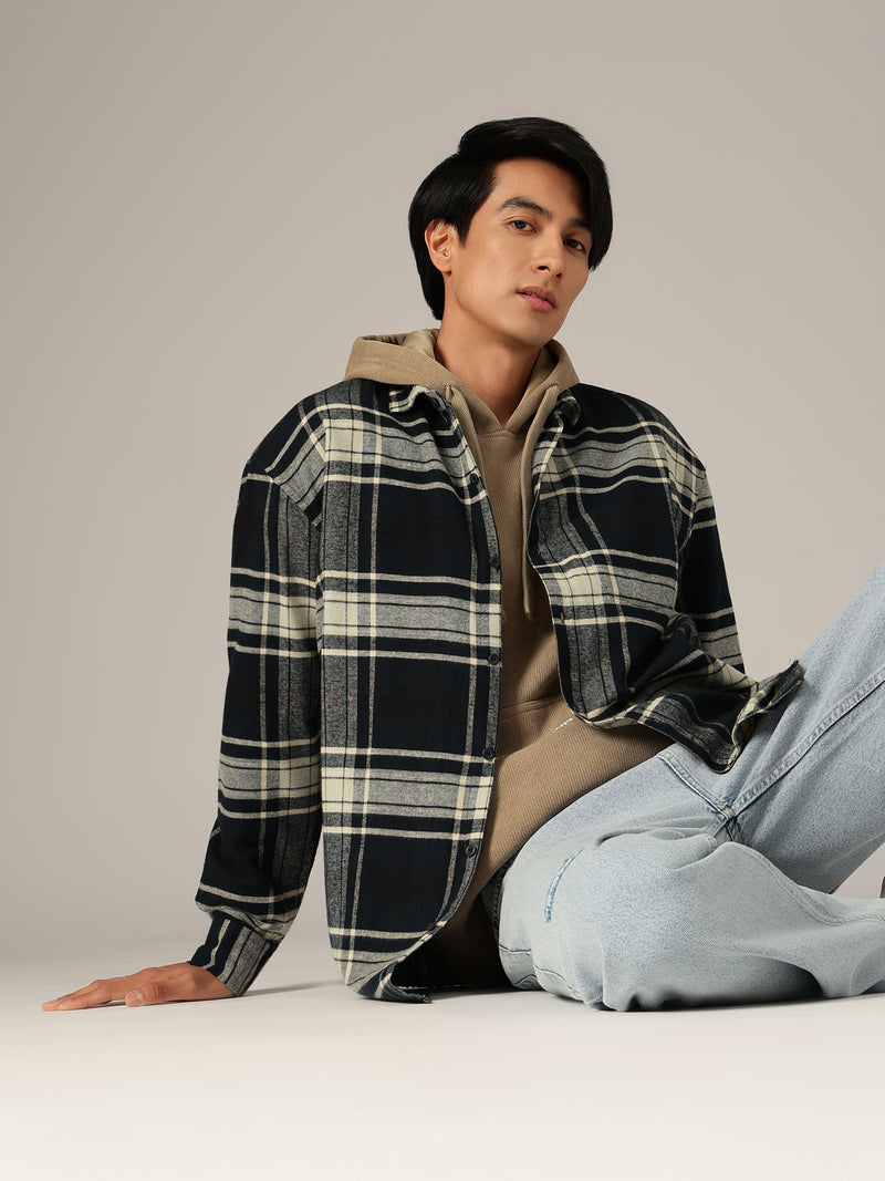 Blue & Cream: Checkered Drop-Shoulder Oversized Casual Shirt