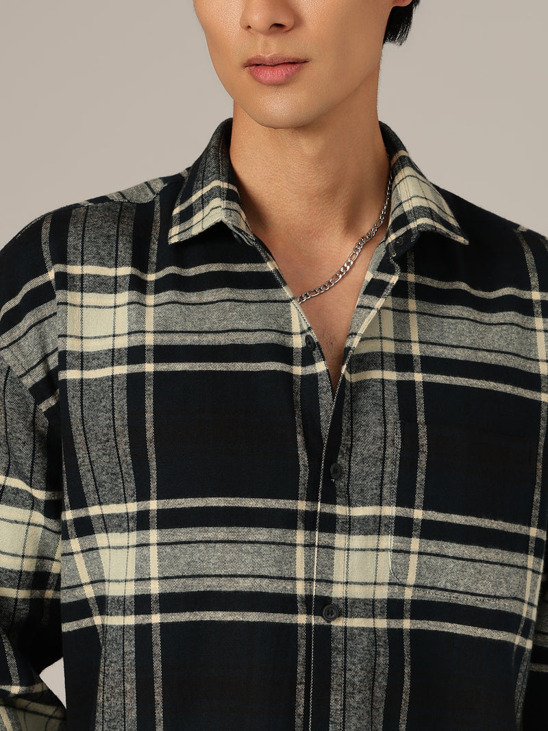 Blue & Cream: Checkered Drop-Shoulder Oversized Casual Shirt