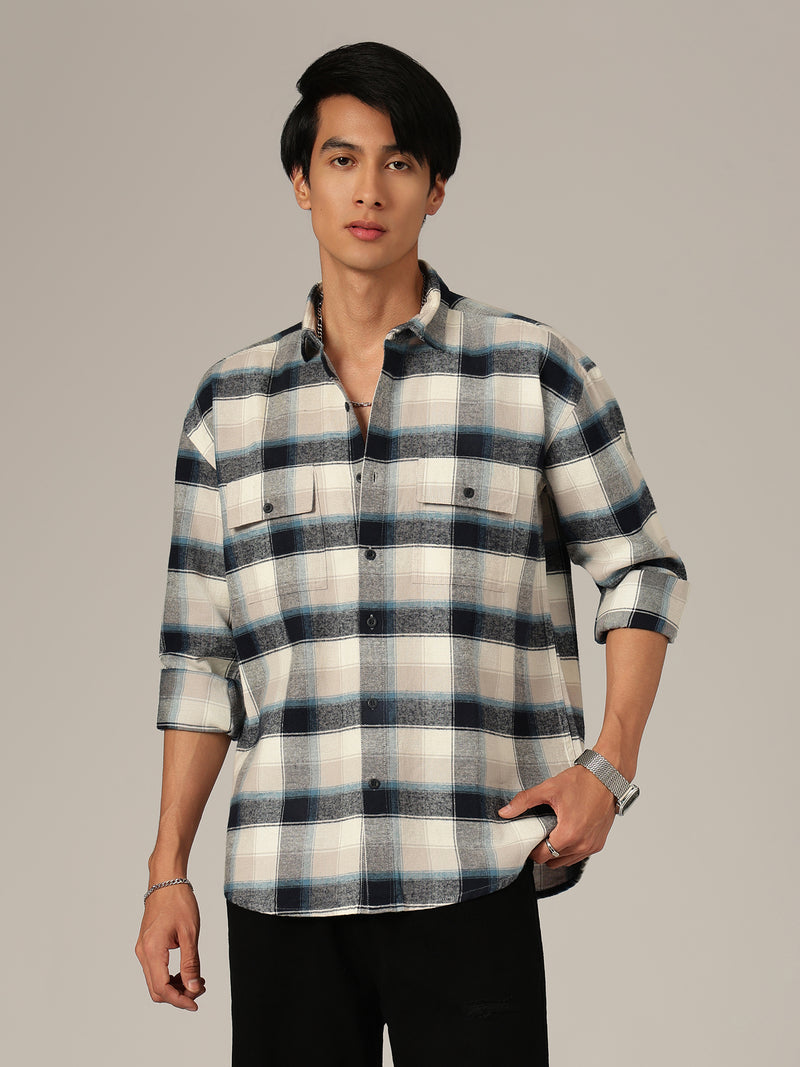 Cream & Blue: Checkered Drop-Shoulder Oversized Casual Shirt