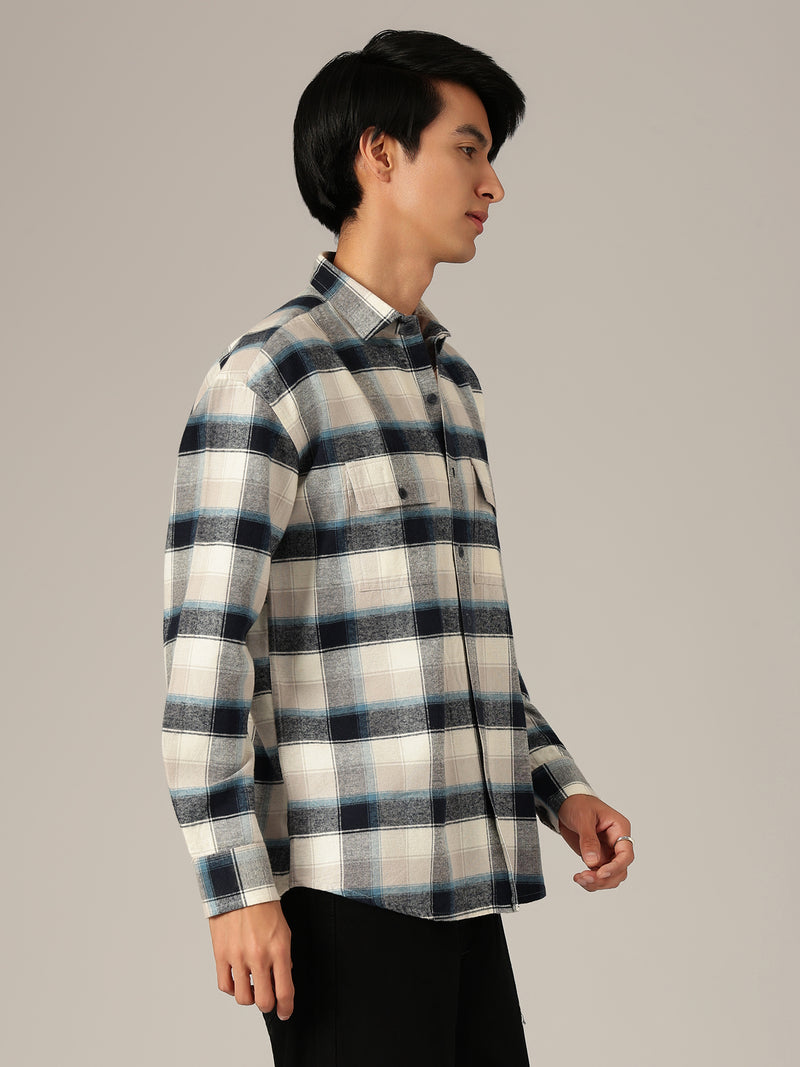 Cream & Blue: Checkered Drop-Shoulder Oversized Casual Shirt