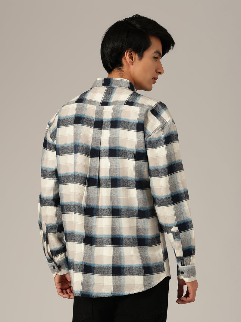 Cream & Blue: Checkered Drop-Shoulder Oversized Casual Shirt