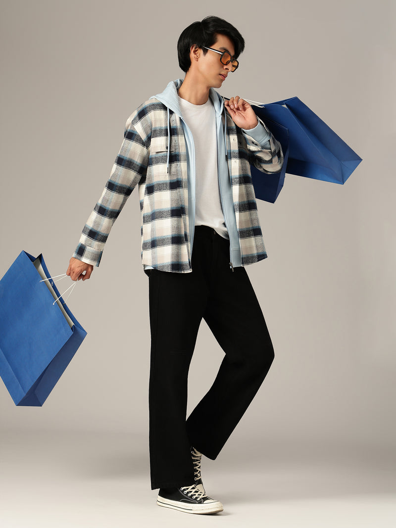 Cream & Blue: Checkered Drop-Shoulder Oversized Casual Shirt