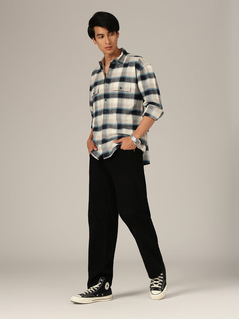 Cream & Blue: Checkered Drop-Shoulder Oversized Casual Shirt