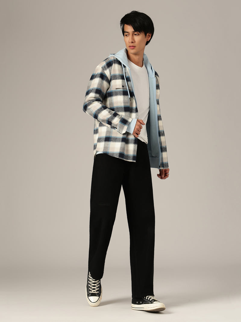 Cream & Blue: Checkered Drop-Shoulder Oversized Casual Shirt