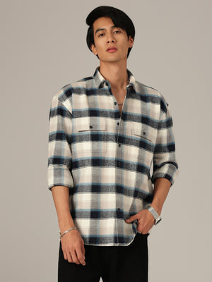 Cream & Blue: Checkered Drop-Shoulder Oversized Casual Shirt