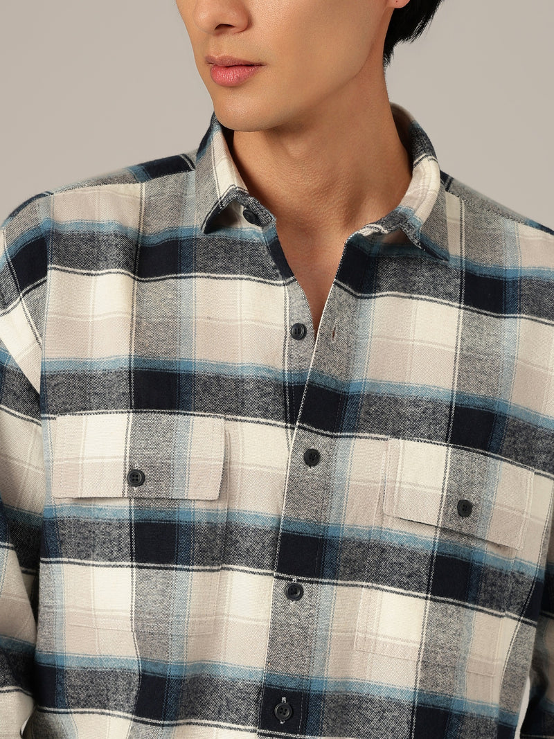 Cream & Blue: Checkered Drop-Shoulder Oversized Casual Shirt