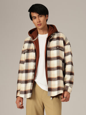 Cream & Brown: Checkered Drop-Shoulder Oversized Casual Shirt