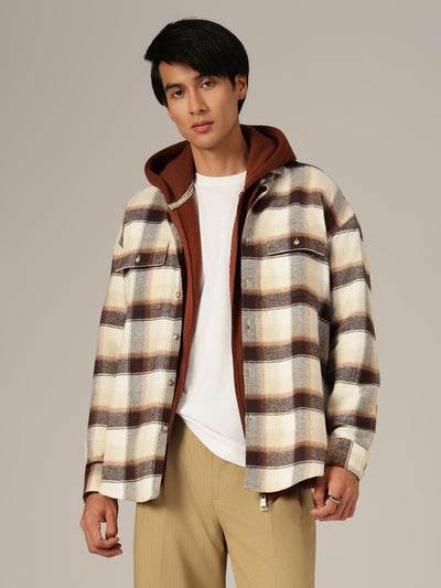 Cream & Brown: Checkered Drop-Shoulder Oversized Casual Shirt