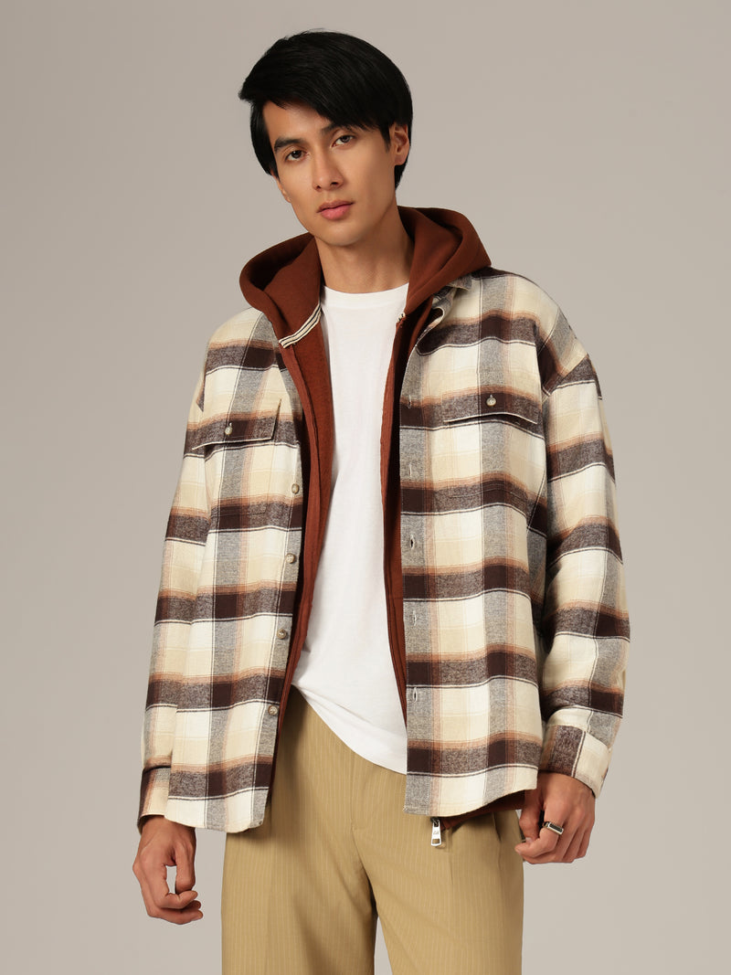 Cream & Brown: Checkered Drop-Shoulder Oversized Casual Shirt