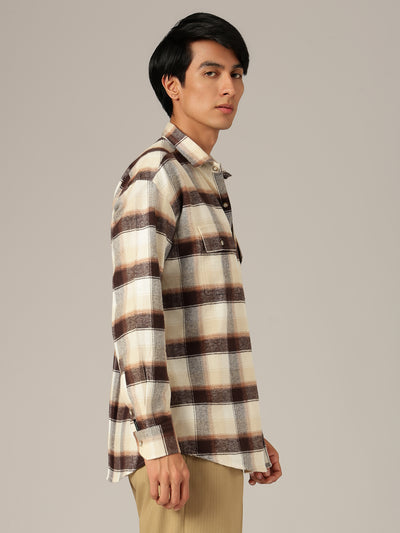 Cream & Brown: Checkered Drop-Shoulder Oversized Casual Shirt