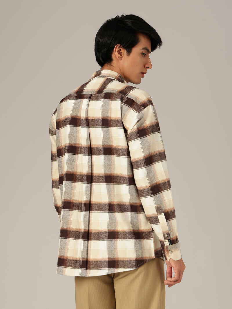 Cream & Brown: Checkered Drop-Shoulder Oversized Casual Shirt
