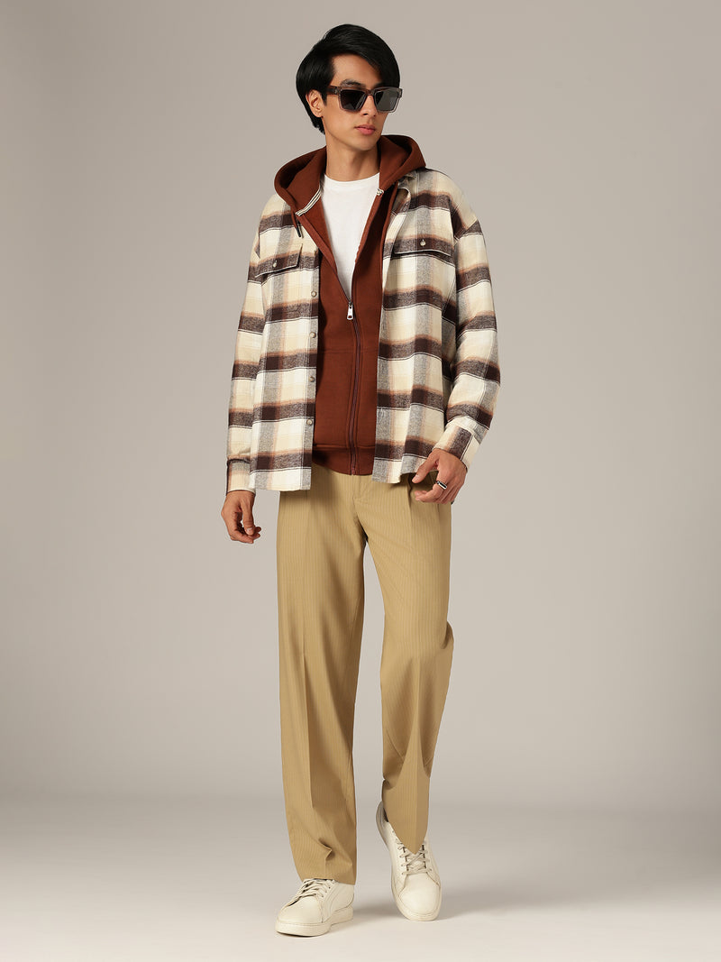 Cream & Brown: Checkered Drop-Shoulder Oversized Casual Shirt