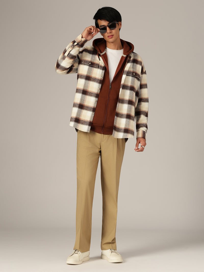 Cream & Brown: Checkered Drop-Shoulder Oversized Casual Shirt