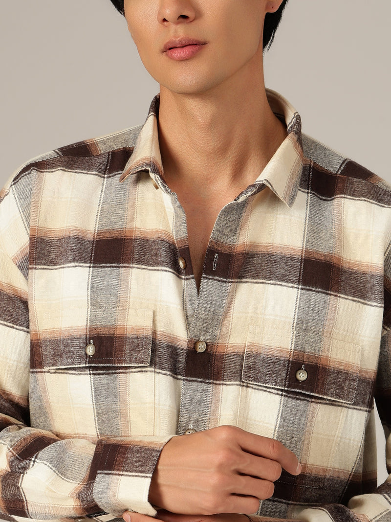 Cream & Brown: Checkered Drop-Shoulder Oversized Casual Shirt