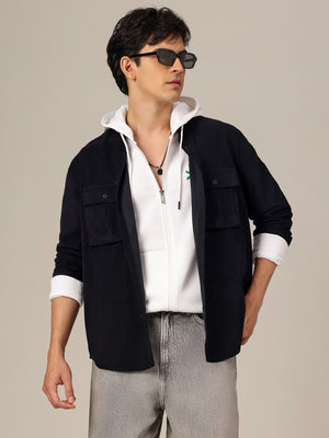 Black: Textured Oversized Drop-Shoulder Corduroy Shirt