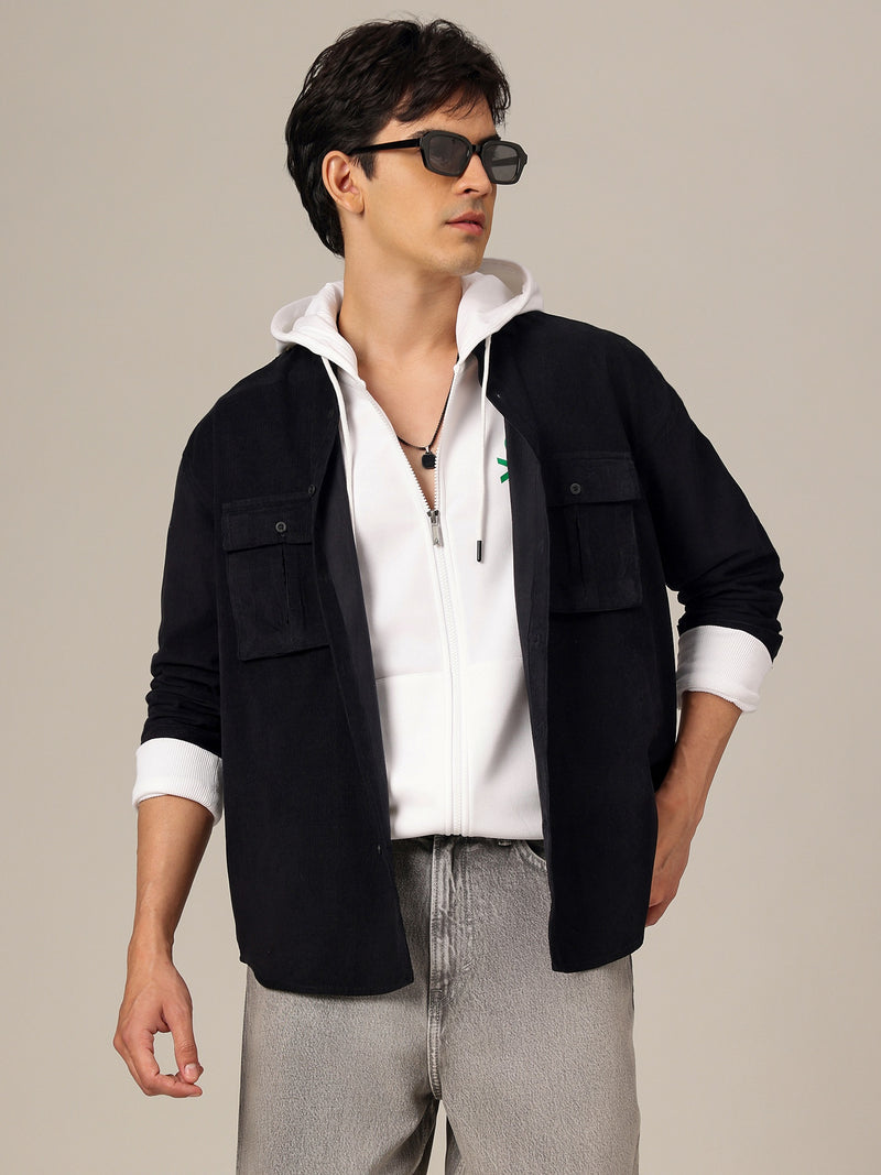 Black: Textured Oversized Drop-Shoulder Corduroy Shirt