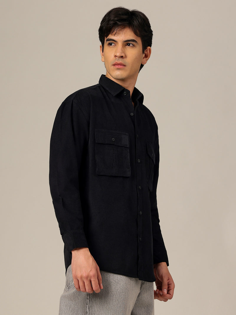 Black: Textured Oversized Drop-Shoulder Corduroy Shirt