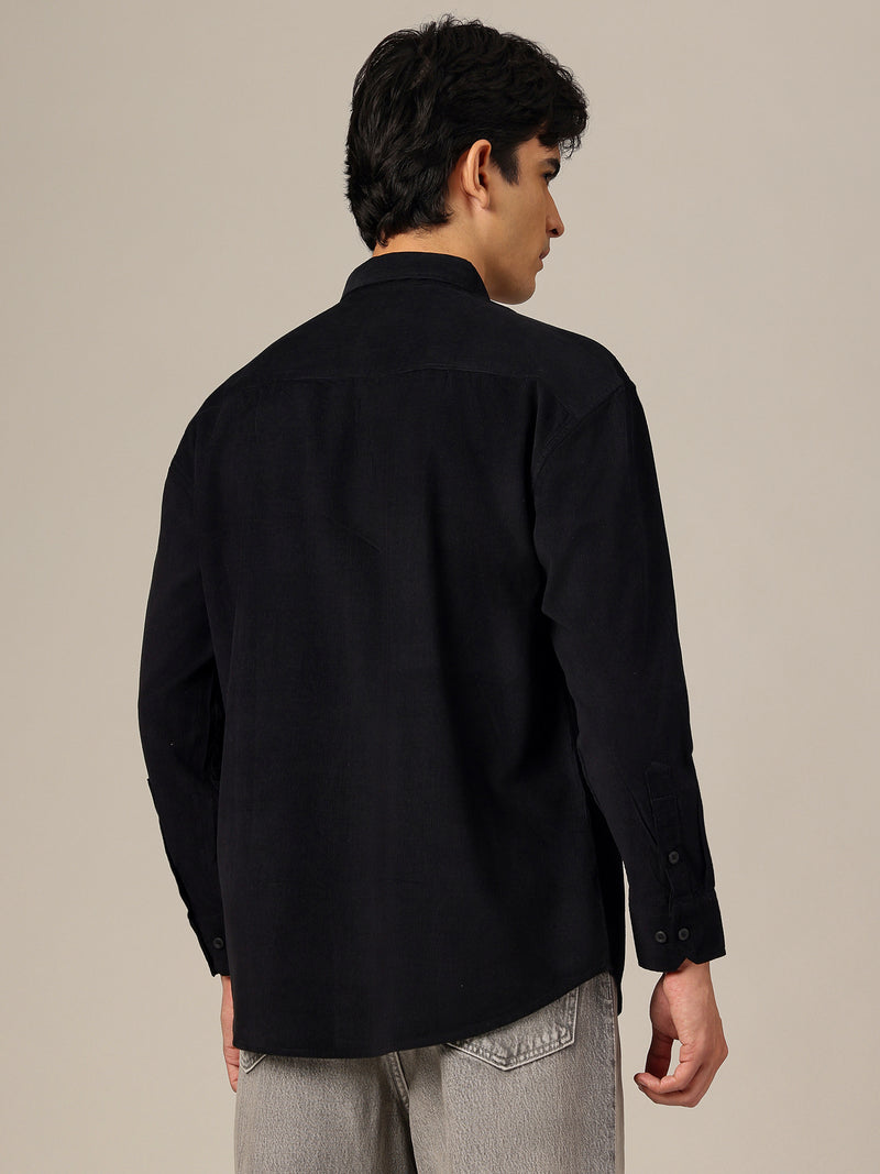 Black: Textured Oversized Drop-Shoulder Corduroy Shirt