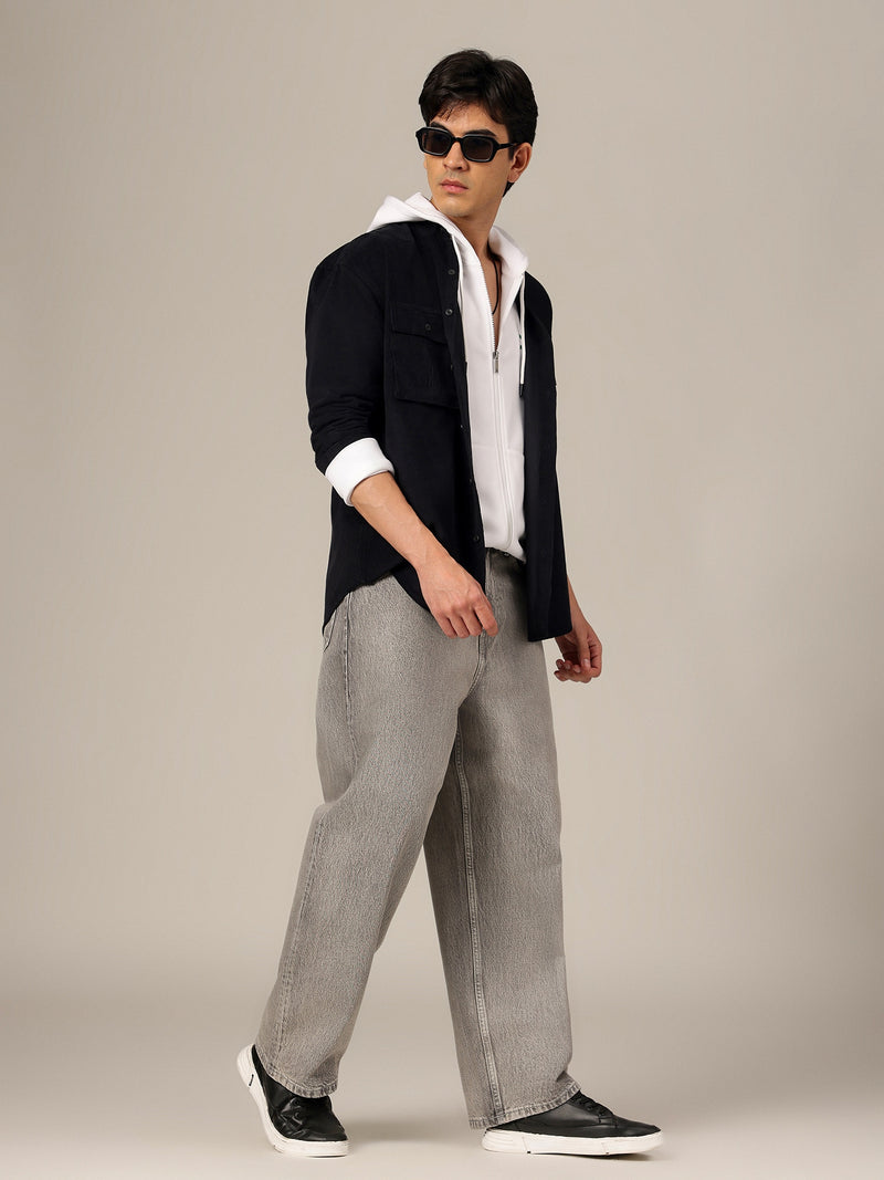 Black: Textured Oversized Drop-Shoulder Corduroy Shirt