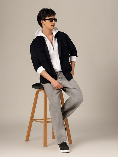 Black: Textured Oversized Drop-Shoulder Corduroy Shirt