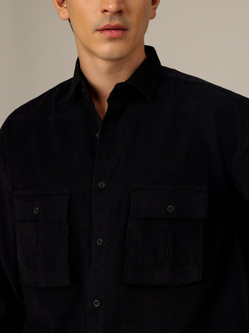 Black: Textured Oversized Drop-Shoulder Corduroy Shirt