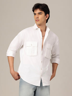 White: Textured Oversized Drop-Shoulder Corduroy Shirt