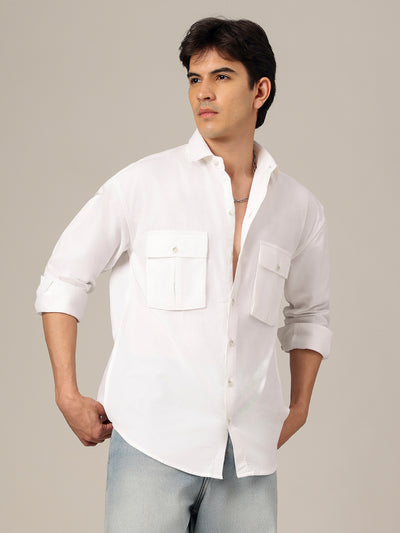 White: Textured Oversized Drop-Shoulder Corduroy Shirt