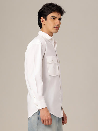 White: Textured Oversized Drop-Shoulder Corduroy Shirt