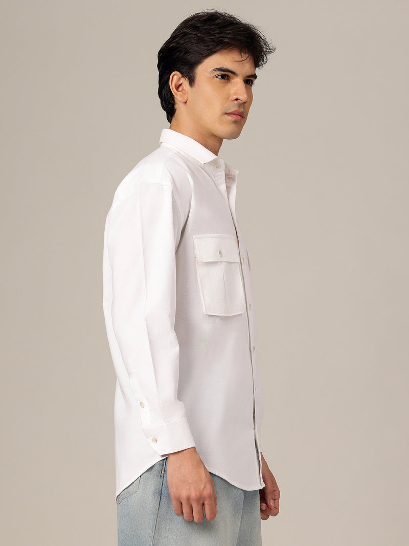 White: Textured Oversized Drop-Shoulder Corduroy Shirt