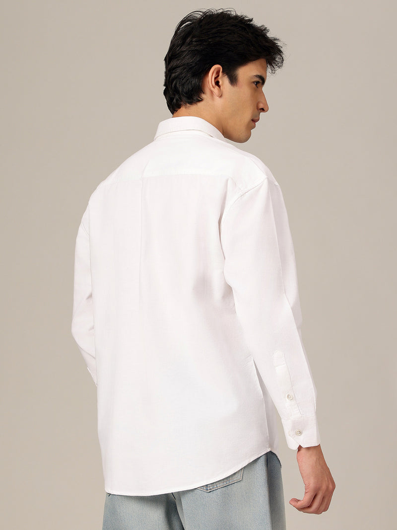 White: Textured Oversized Drop-Shoulder Corduroy Shirt