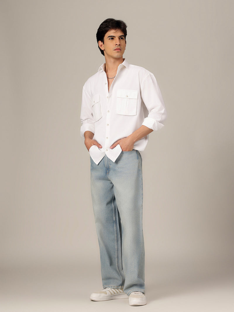 White: Textured Oversized Drop-Shoulder Corduroy Shirt