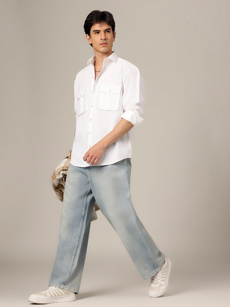 White: Textured Oversized Drop-Shoulder Corduroy Shirt