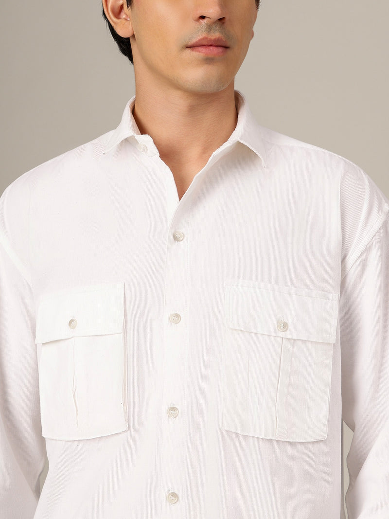 White: Textured Oversized Drop-Shoulder Corduroy Shirt