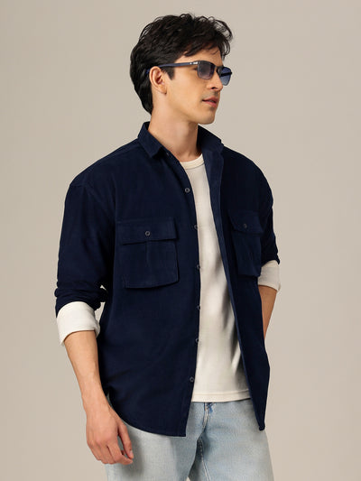 Navy Blue: Textured Oversized Drop-Shoulder Corduroy Shirt