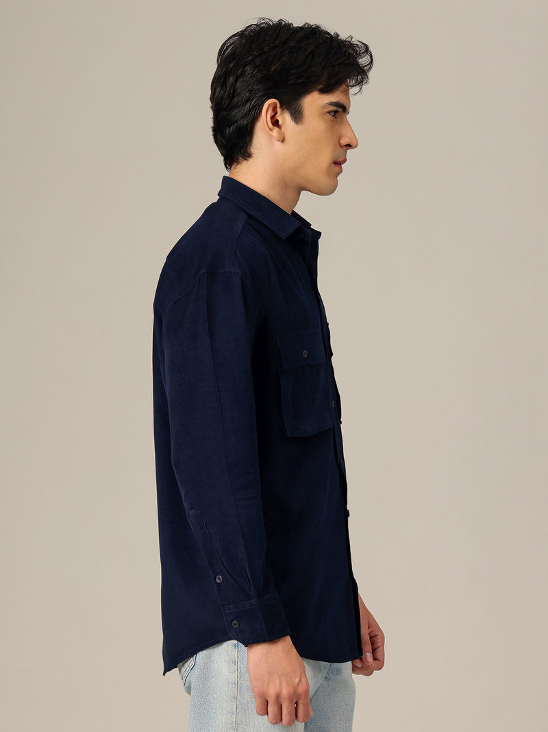 Navy Blue: Textured Oversized Drop-Shoulder Corduroy Shirt