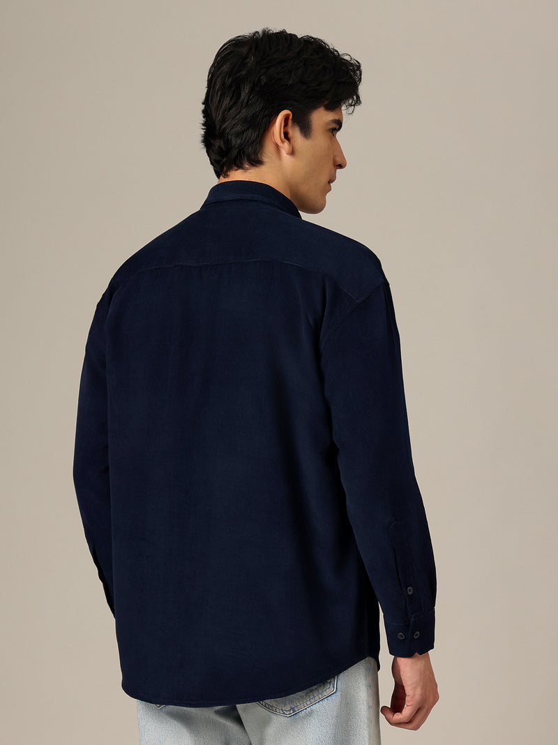Navy Blue: Textured Oversized Drop-Shoulder Corduroy Shirt