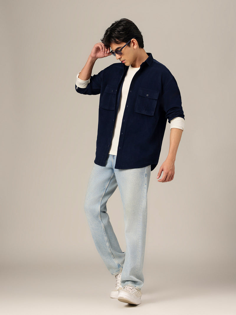 Navy Blue: Textured Oversized Drop-Shoulder Corduroy Shirt