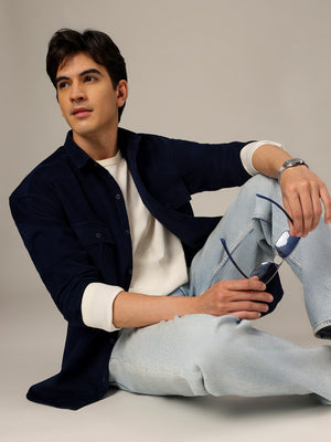 Navy Blue: Textured Oversized Drop-Shoulder Corduroy Shirt