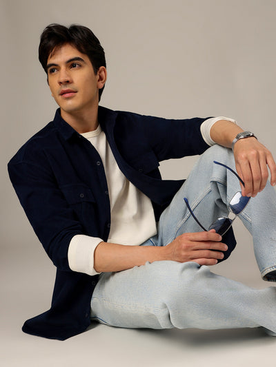 Navy Blue: Textured Oversized Drop-Shoulder Corduroy Shirt