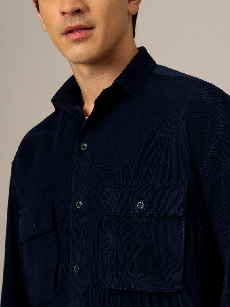 Navy Blue: Textured Oversized Drop-Shoulder Corduroy Shirt