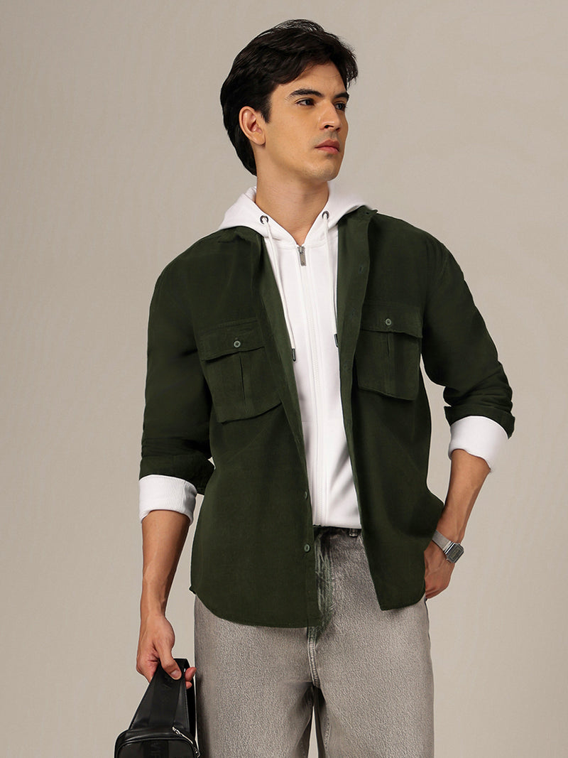 Green: Textured Oversized Drop-Shoulder Corduroy Shirt