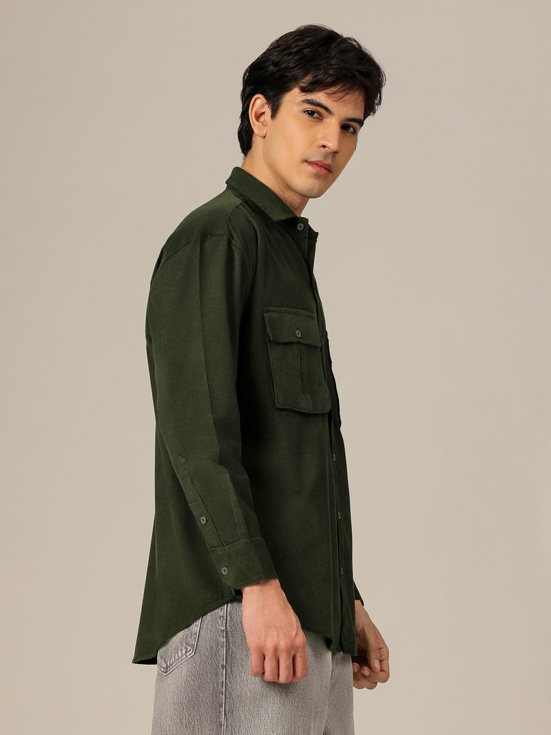 Green: Textured Oversized Drop-Shoulder Corduroy Shirt