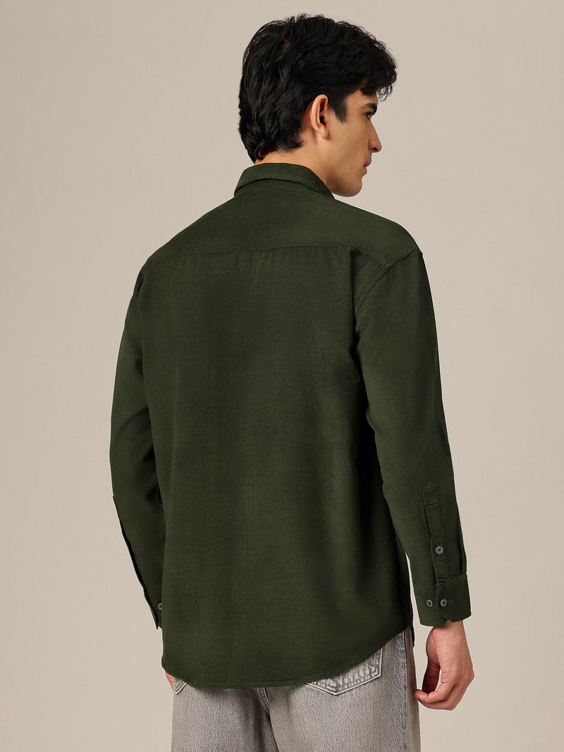 Green: Textured Oversized Drop-Shoulder Corduroy Shirt