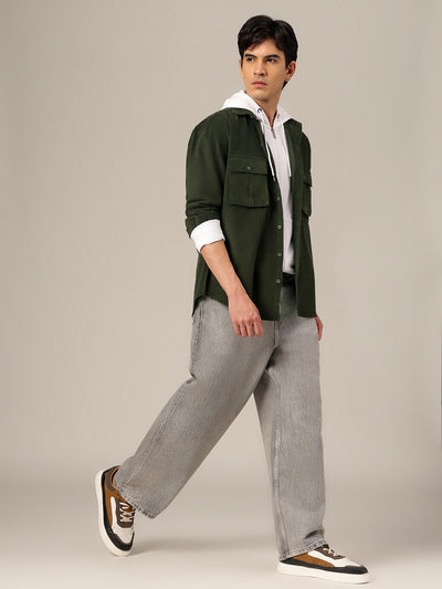 Green: Textured Oversized Drop-Shoulder Corduroy Shirt
