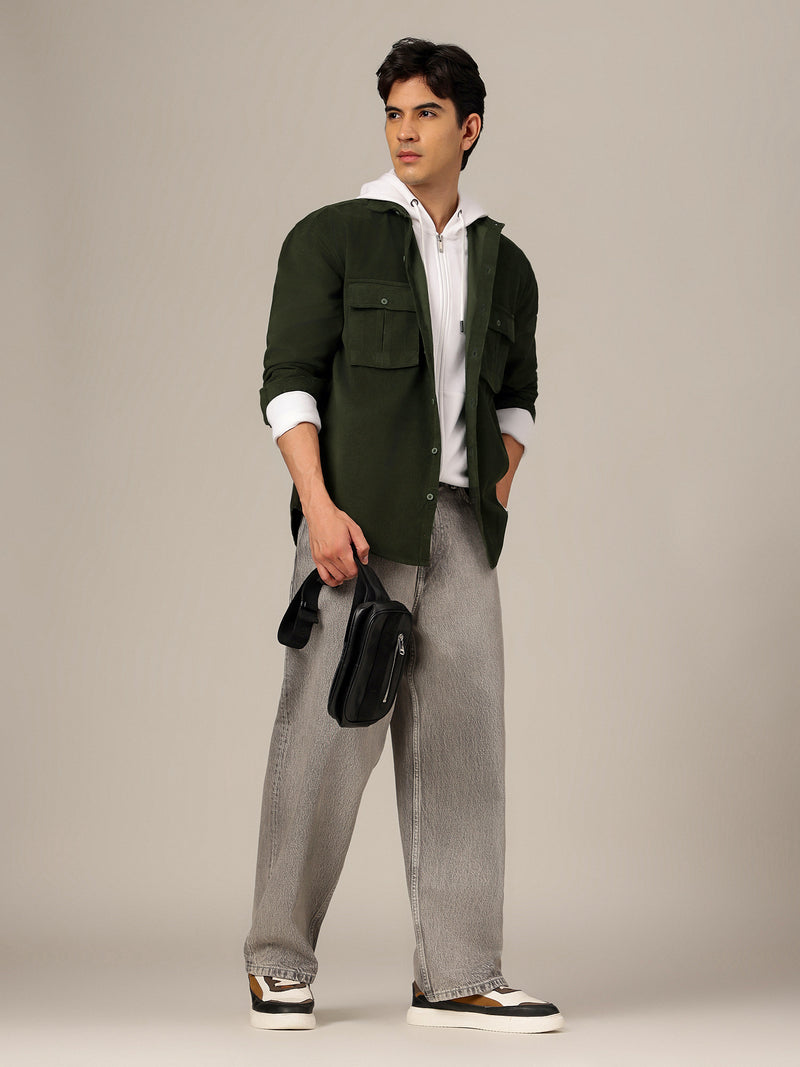 Green: Textured Oversized Drop-Shoulder Corduroy Shirt