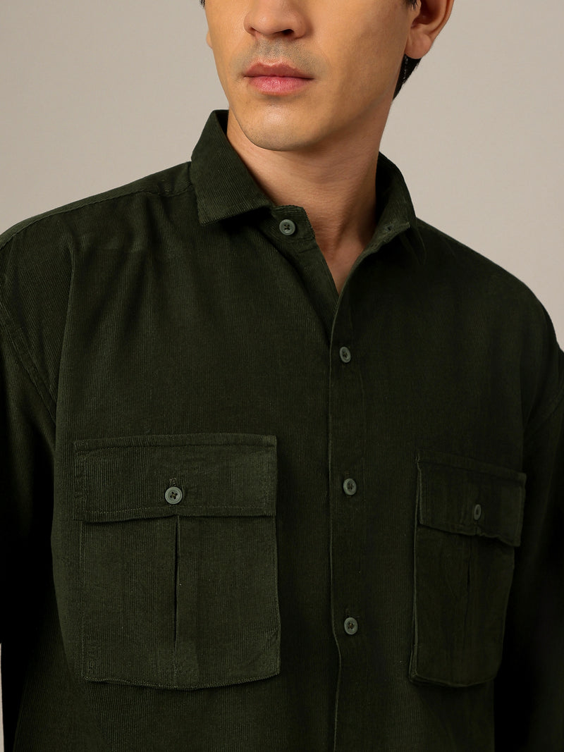 Green: Textured Oversized Drop-Shoulder Corduroy Shirt