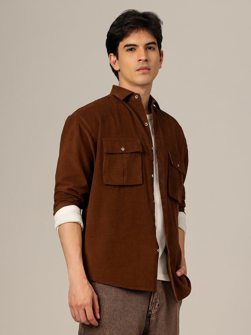 Brown: Textured Oversized Drop-Shoulder Corduroy Shirt