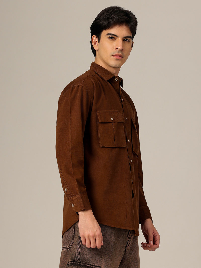 Brown: Textured Oversized Drop-Shoulder Corduroy Shirt